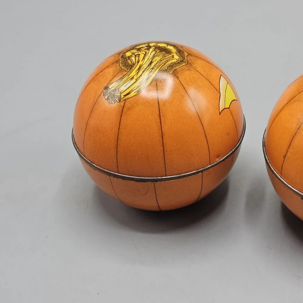 Vintage 80s Tin Pumpkin Jack-O-Lantern LOT OF 2 Midwest Importers Switzerland 3
